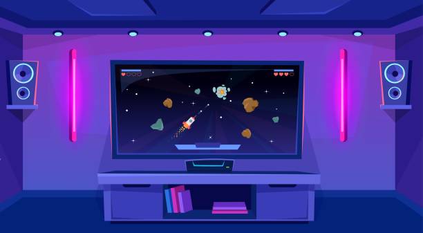 istock Gaming setup with a big screen tv and a console in a gamers room with neon light 1488005807