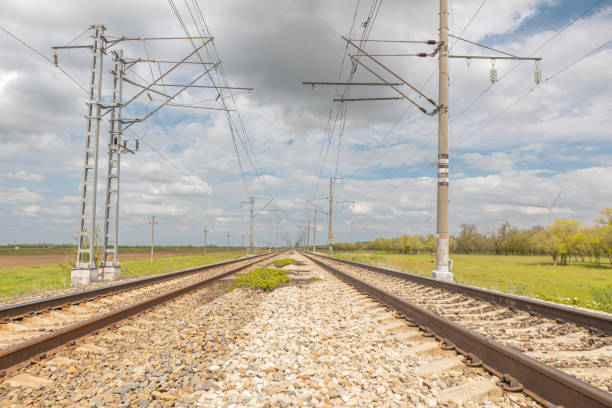 istock in spring, the railway tracks go into the distance, blue sky with white clouds 1488006535