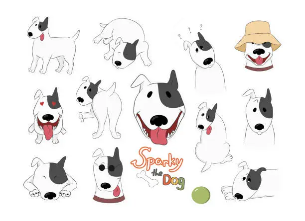 Vector illustration of Cartoon dog stickers with a funny bull terrier Sparky isolated on white. Hand drawn vector art