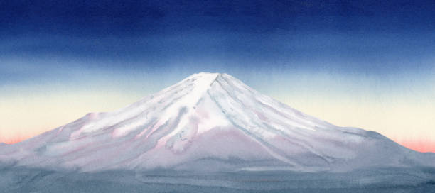 illustrations, cliparts, dessins animés et icônes de illustration à l’aquarelle d’un paysage printemps-été avec le mont fuji avec un pic enneigé bleu-gris, avec un lever de soleil rose doux sur un ciel bleu - illustration and painting panoramic sky snow