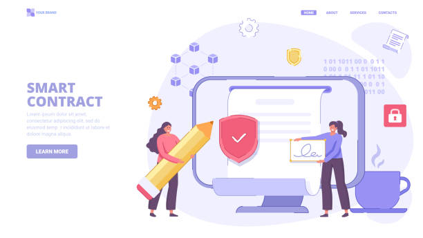 デジタル契約、オンラインスマートコントラクト、電子署名。ランディングページのデザインコンセプト。ウェブサイト、印刷、バナー用の文字を含む平らなベクターイラスト。 - contracting customer business currency点のイラスト素材／クリップアート素材／マンガ素材／アイコン素材