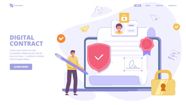 デジタル契約、オンラインスマートコントラクト、電子署名。ランディングページのデザインコンセプト。ウェブサイト、印刷、バナー用の文字を含むフラットベクターイラスト - contracting customer business currency点のイラスト素材／クリップアート素材／マンガ素材／アイコン素材