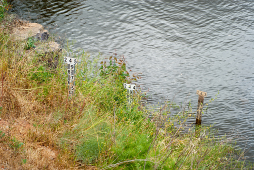 Reservoir capacity markers.Water level.