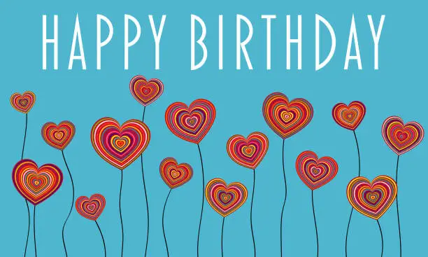 Vector illustration of Happy Birthday. Congratulation card with colorful heart flowers on a light blue background.