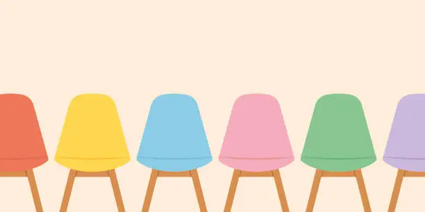 Vector illustration of row of colorful chairs in a waiting room; diversity, recruitment, meeting concept