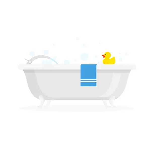 Vector illustration of White ceramic bath with foam bubbles, blue towel and yellow rubber duck.