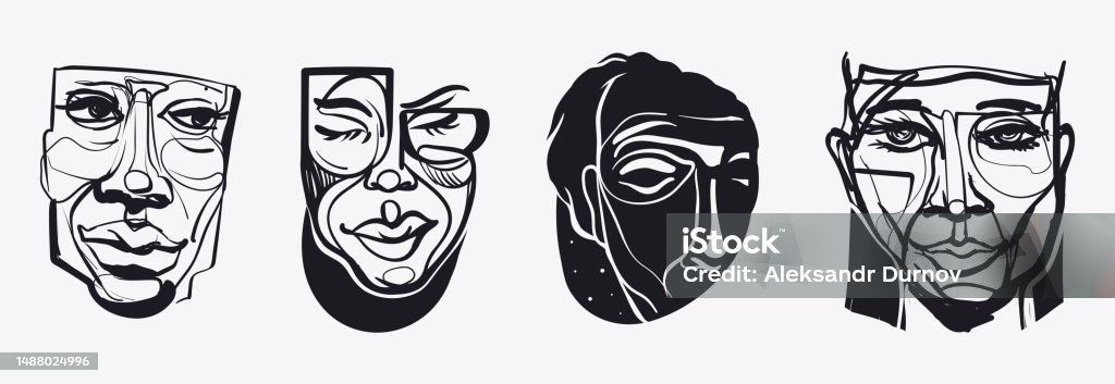 Koleksi Wajah Abstrak Dalam Gaya Sketsa Yang Digambar Tangan Koleksi