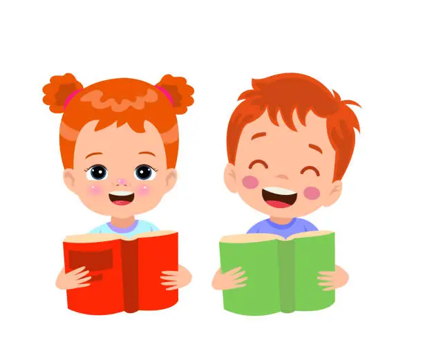 Vector illustration of Boy and girl reading a book.