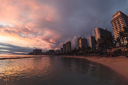 Capture the beauty of Hawaii's famous Waikiki Beach at sunset with this digital photo. This stunning image features the golden glow of the sun.
