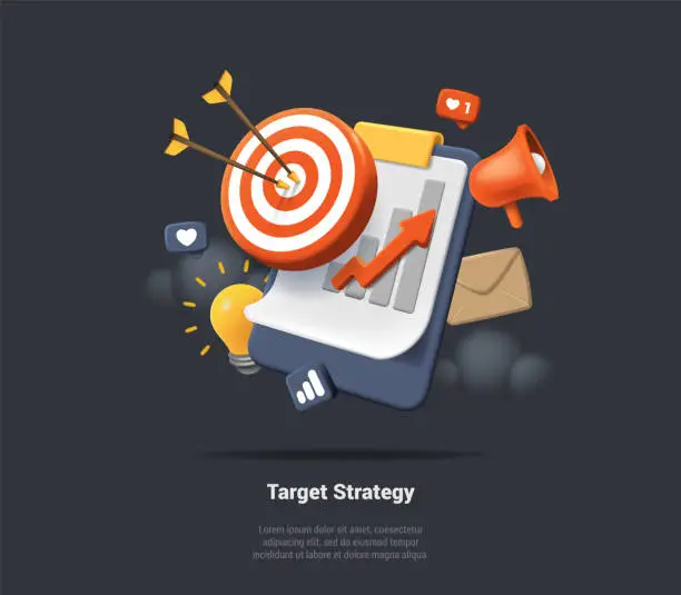 Vector illustration of Target Strategy And Effective Time Planning Tools. Project Development Icon. Work Organizer Daily Plan. Success Business Target Customer Online Marketing Consultants. 3d Realistic Vector Illustration