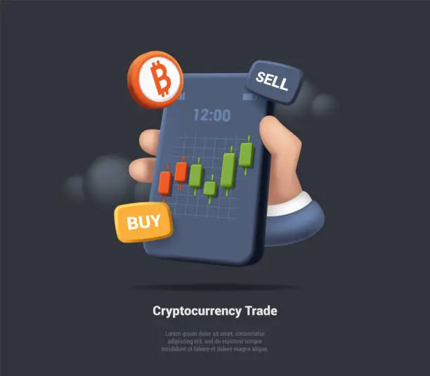 Vector illustration of P2P, Peer to Peer Online Platform For Exchange And Trading Cryptocurrency, Bitcoin Digital Wallet. Hand Is Holding Smartphone With Basic Candlestick Charts. 3D Rendering Realistic Vector Illustration