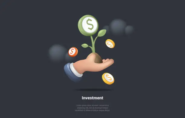 Vector illustration of Concept of Investment And Capital Increase. Hand Is Holding Sprout Of Green Plant As a Symbol of Successful Investment And Expectation Of Profits. 3D Rendering Cartoon Realistic Vector Illustration