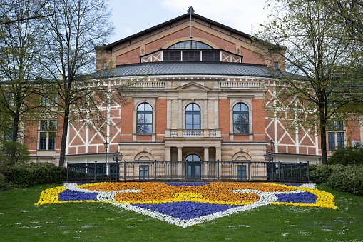 Bayreuth, Germany - May 1, 2022: The Bayreuther Festspielhaus (Bayreuth Festival Theater), the opera house that hosts the annual Bayreuth Festival and solely presents the works of composer Richard Wagner.