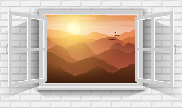 istock Vector illustration of mountain landscape with sunrise in morning through view of open window. 1488031573
