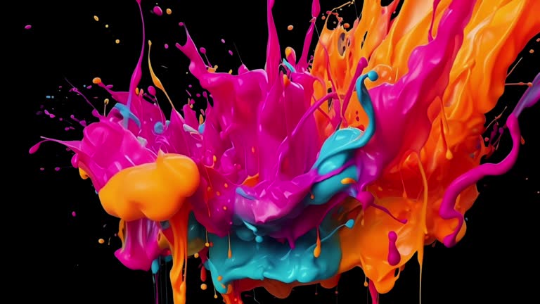 A colorful splash of wet paint mixing together to create a vibrant modern design texture. Slow Motion with Alpha Channel