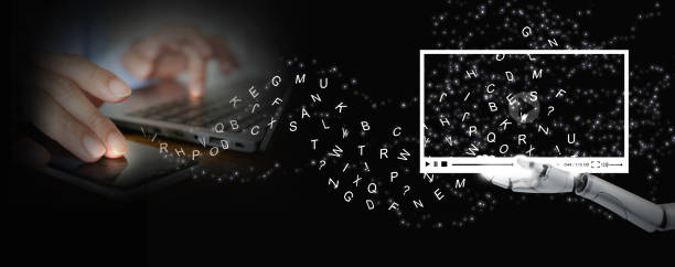 istock Text to video concept, text-to-video by generative AI. Key in command prompt from a computer notebook. Language model technology. Cyborg hand holding vdo generated by artificial intelligence. 1488034322