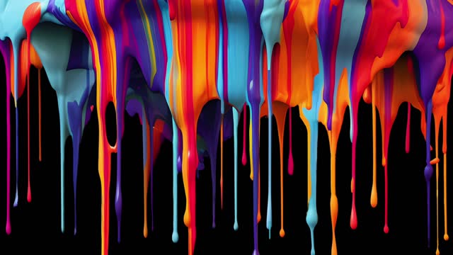 Slow-motion colorful ink drips dripping from above to below the screen in a mix of vibrant colors. Includes Alpha Channel for keying out.