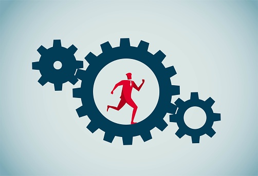 Running between gears makes the gears move infinitely, This is a set of business illustrations