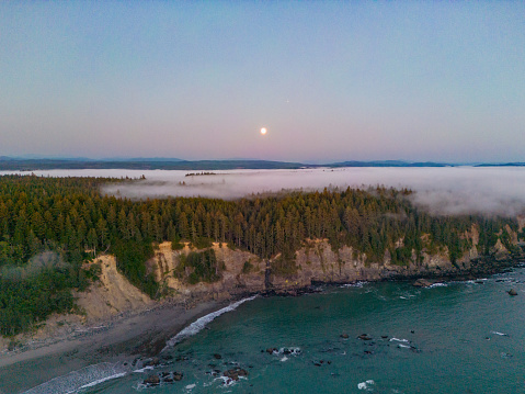Aerial view of Salt Creek Recreation Area on the Olympic Peninsula in Washington on a full moon
