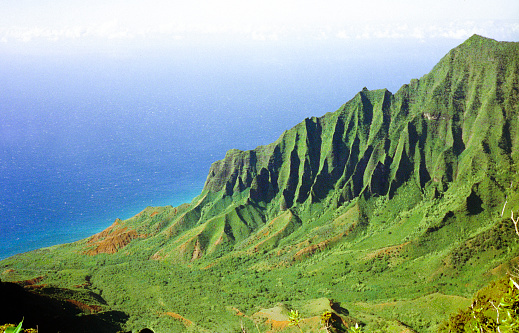 A vintage 1980s film photograph aerial view of the lush green Hawaiian hills in the Honopu ridge valley in Kauai from a helicopter with lush blue ocean water in the background.