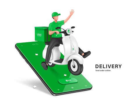 Male food delivery driver sit on scoot or motorcycle waved hand to tell customer that food has arrived and all display on smartphone screen, vector 3d isolated for food delivery concept design