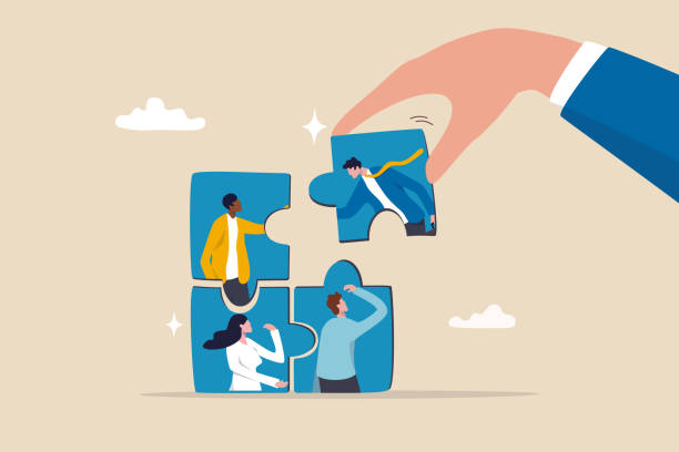 stockillustraties, clipart, cartoons en iconen met new joiner to fill in team and solve problem, teamwork to get solution, put right man in the right job to fit job description concept, businessman hand hr put new joiner to connect jigsaw puzzle. - bedrijfscultuur