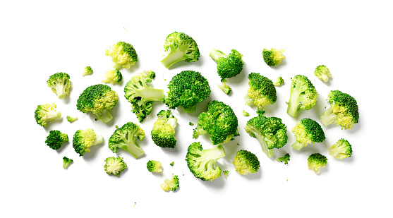 Fresh broccoli branches isolated on white background, top view