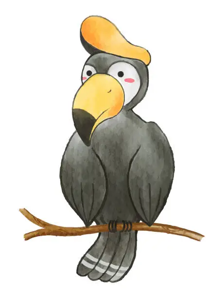 Vector illustration of Hornbill bird . Watercolor paint design . Cute animal cartoon character . Vector .