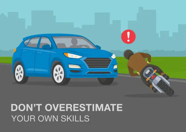 Vector illustration of Road accident involving a car and a motorcycle. Do not overestimate your driving skills warning poster design.