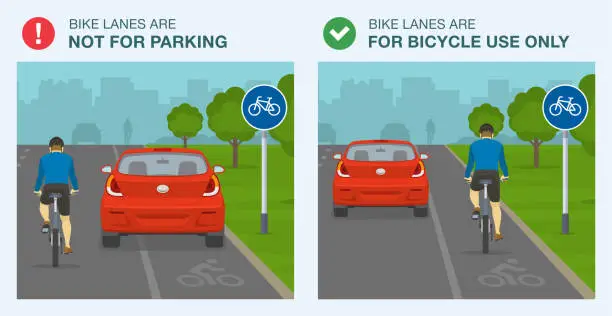 Vector illustration of Outdoor parking rules and safe bicycle riding tips. Bike lanes are not for parking cars. Back view of a red sedan car parked on a bike lane. Do's and don'ts.