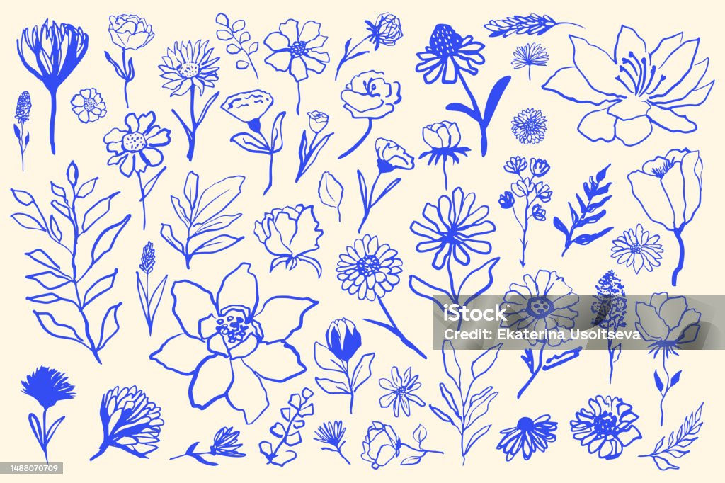 Setați diverse flori simple în vector de stil desenat manual. - vector de stoc Floare fără redevențe Setați diverse flori simple în vector de stil desenat manual. - vector de stoc Floare fără redevențe