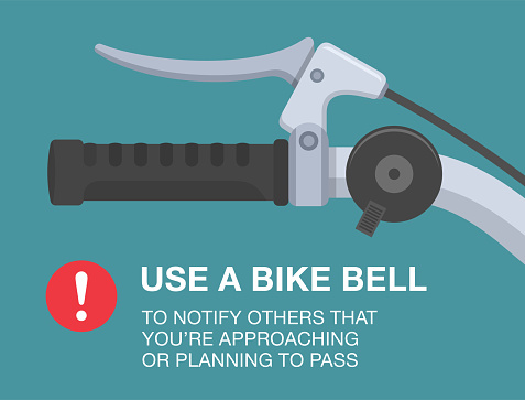 Safe bicycle riding rules and tips. Use a bike bell to notify others that you are approaching or planning to pass. Close-up view of bicycle bell on handlebar. Flat vector illustration template.