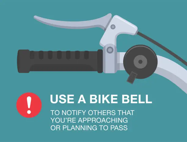 Vector illustration of Safe bicycle riding rules and tips. Use a bike bell to notify others that you are approaching or planning to pass. Close-up view of bicycle bell on handlebar.