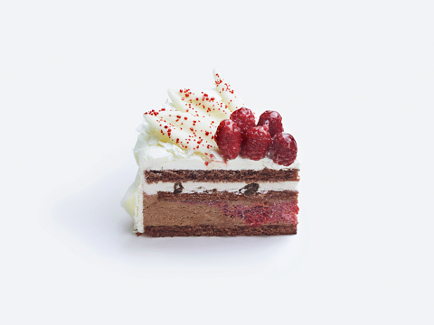 a slice of chocolate strawberry cake. on white background