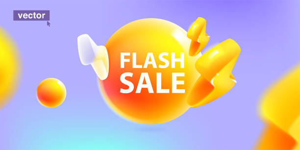 istock Flash sale banner with lightning icon in glassmorphism style on sphere and lilac background template. 1488073556