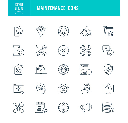 Maintenance Icons Icons. Editable Stroke. For Mobile and Web. Contains such icons as Settings, Technology, Gear - Mechanism, Data Center, Equipment, Sliding, Repairing, Wrench