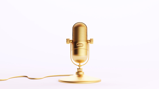 Gold Golden Microphone Luxury Trophy Symbol Art Wealth Decorative Production White Background 3d illustration render digital rendering