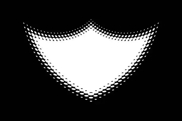 Vector illustration of White halftone distort logo.  Vector technology emblem. Halftone dots curved gradient pattern texture background.
