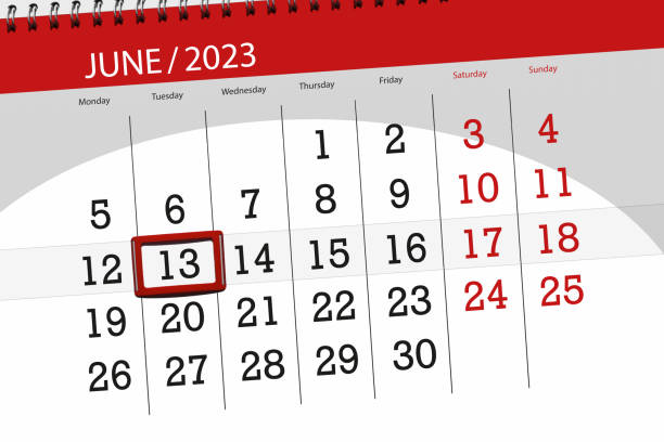 kalender 2023, frist, tag, monat, seite, veranstalter, datum, juni, dienstag, nummer 13 - june calendar page personal organizer stock-grafiken, -clipart, -cartoons und -symbole