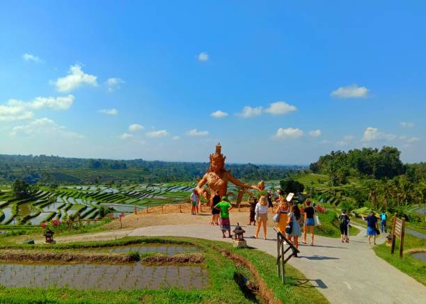 A woven statue of DEWI SRI in the Jatiluwih rice fields Jatiluwih, Bali, Indonesia, August 01 2019: Foreign tourists visiting the woven statue of DEWI SRI in the Jatiluwih rice field tourist spot, Tabanan, Bali in the morning. jatiluwih rice terraces stock pictures, royalty-free photos & images