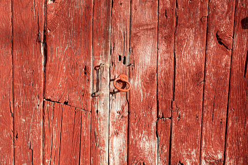 detail of the texture of an antique wooden door painted red