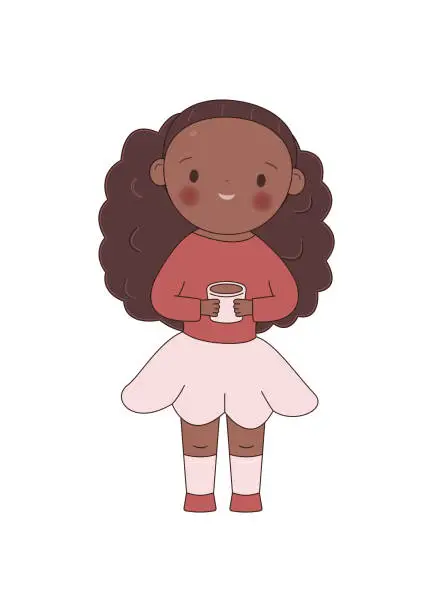 Vector illustration of African american girl with cup og coffee. Flat design. Stock vector illustration isolated on white background.