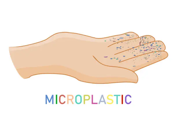 Vector illustration of Hand with microplastic isolated on white background. Small plastic pellets on hand. Micro plastic on fingers.