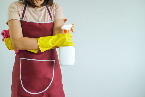 A housewife in a shirt cleans the house with a cleaning rag and a spray. Household  chores.