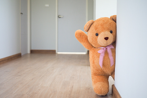 Teddy bear with brown hair behind open door. Background for kids play Teddy bear