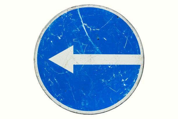 istock Round scratched roadsign 'Turn left' isolated on white 1488094647
