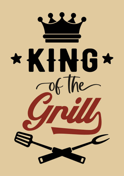 ilustraciones, imágenes clip art, dibujos animados e iconos de stock de la inscripción king oh the grill. imagen vectorial con corona - computer graphic meat barbecue chicken food
