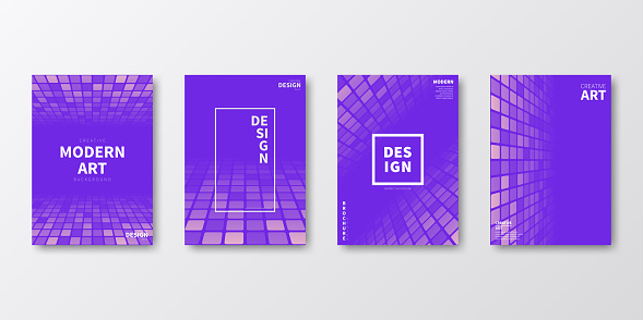 Set of four vertical brochure templates with modern and trendy backgrounds, isolated on blank background. Geometric illustrations with mosaics of squares and beautiful color gradient, looking like a dance floor (colors used: Gray, Pink, Purple, Blue). Can be used for different designs, such as brochure, cover design, magazine, business annual report, flyer, leaflet, presentations... Template for your own design, with space for your text. The layers are named to facilitate your customization. Vector Illustration (EPS file, well layered and grouped). Easy to edit, manipulate, resize or colorize. Vector and Jpeg file of different sizes.