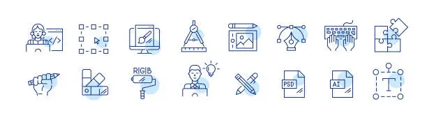 Vector illustration of Graphic designer and website builder jobs. Coding, drawing, color picking. Pixel perfect, editable stroke icons set