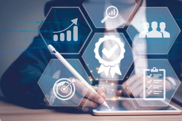 istock Certification process and standards ISO certified business, compliance with international standards and quality assurance. certificate touch concepts 1488098621
